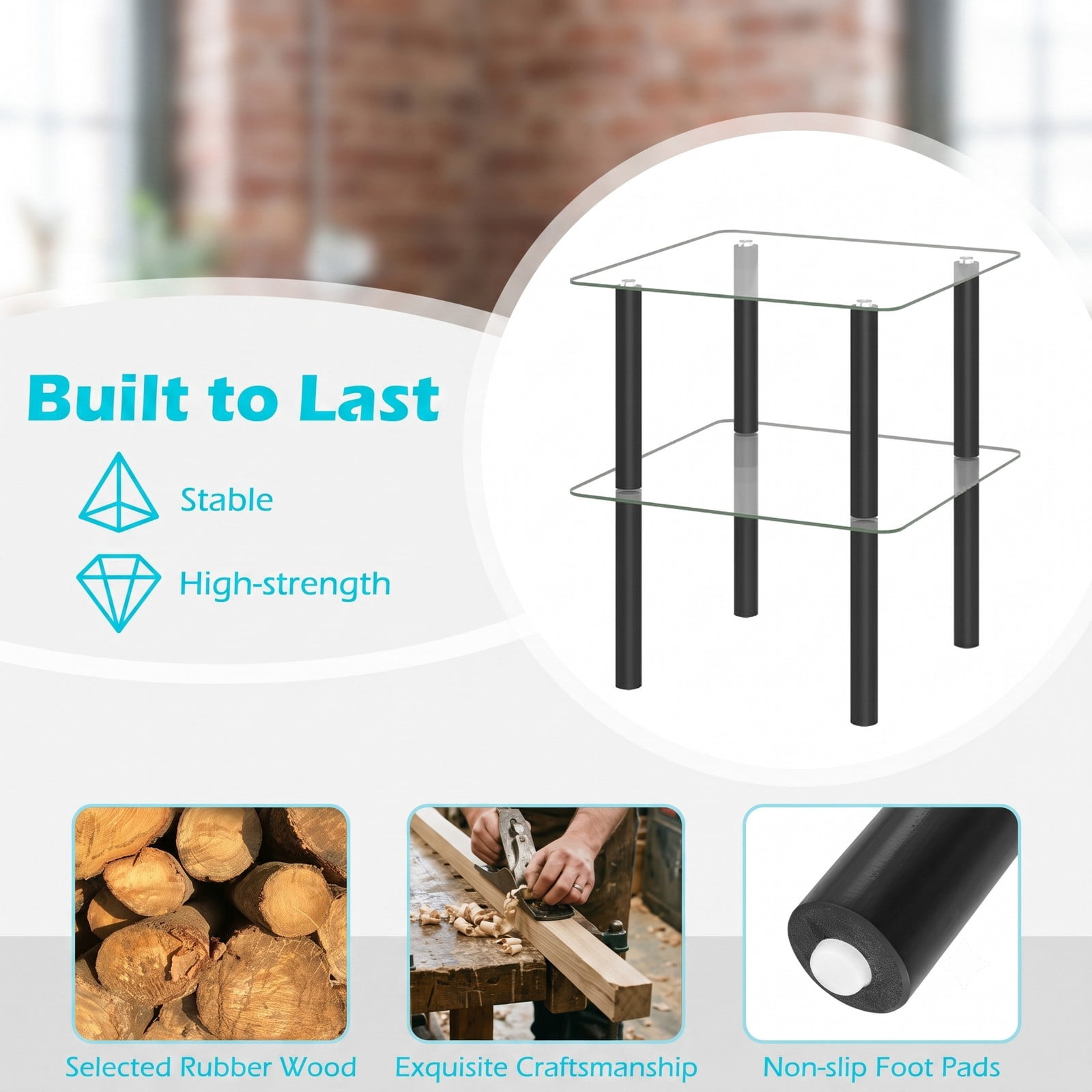 Furnibear 2-Tier Square End Table with Tempered Glass Top and Storage Shelf, Rubber Wood Legs Side Table for Living Room Bedroom, Round-Edge Nightstand, Clear & Black