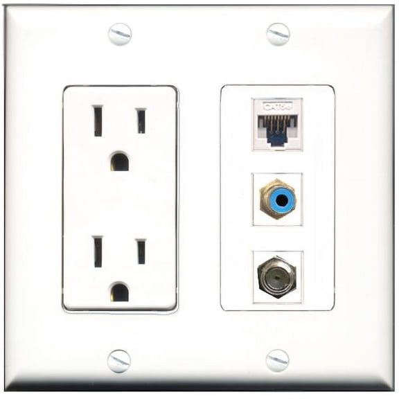 RiteAV - 15 Amp Power Outlet 1 Port RCA Blue 1 Port Coax 1 Port Cat5e Ethernet White Decorative Wall Plate