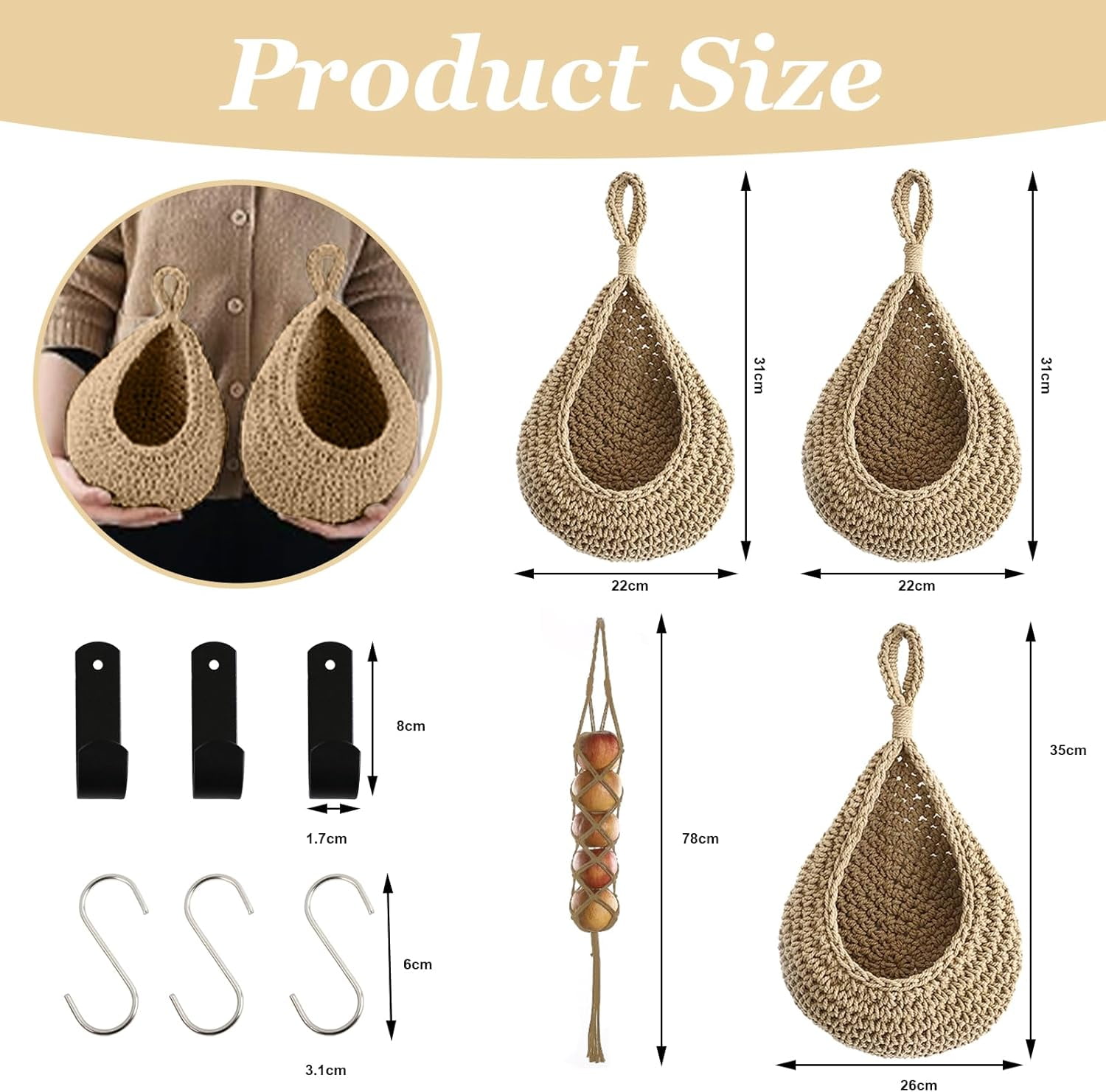 ZYNERY 4 Pack Hanging Fruit Baskets for Kitchen with 6Pcs Hooks, Boho Wall Hanging Baskets, Teardrop Hanging Baskets, Produce Basket for Potato Onion Storage, Home Wall Mount Organizing, Cotton Rope