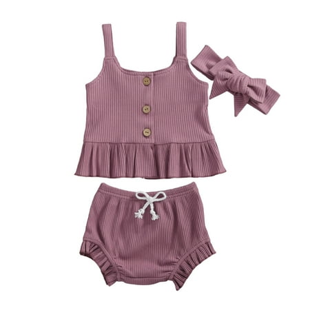 

Meihuida Baby Girls Pants Outfits Tops + Shorts + Headband 3-Pack