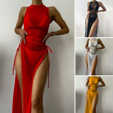 Mairbeon 3 Pcs/Set Women Bikini Cover Up Set Three-point Lace Up Padded See-through Mesh Long Dress Swimming Sleeveless Sunscreen Beach Dress Bikini Set Water Sports Clothes