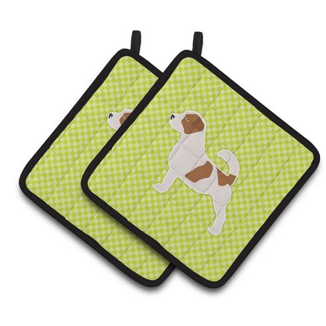 Jack Russell Terrier Checkerboard Green Pair of Pot Holders
