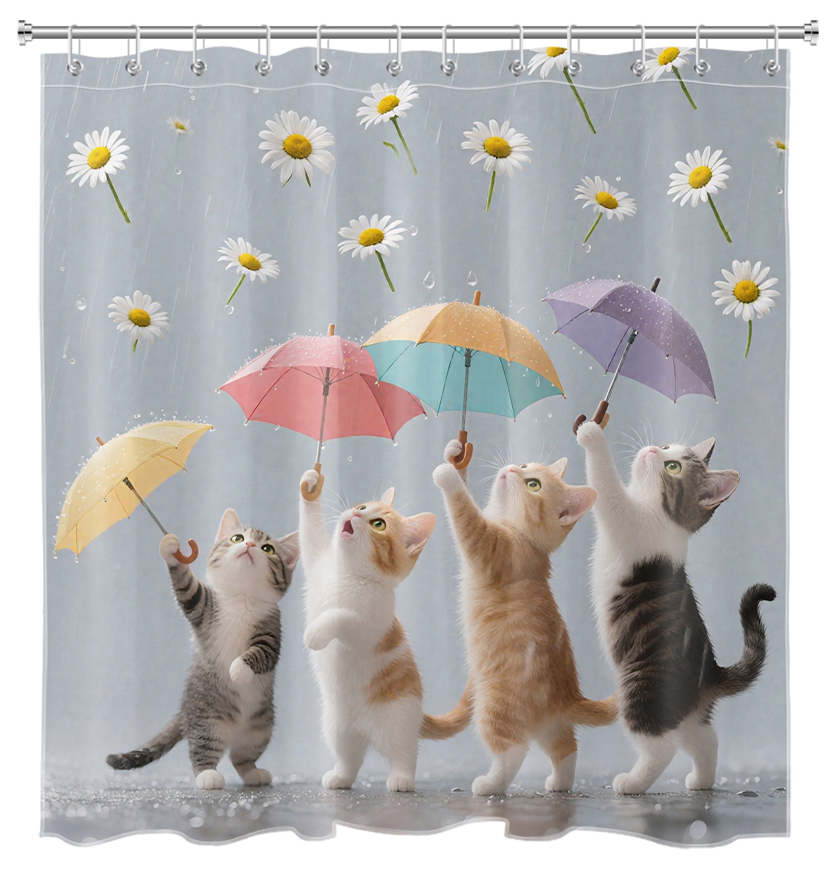 HVEST Cute Funny Cat Shower Curtain with Umbrella and Daisy Flower Design - Cute Animal Bathroom Decor, Waterproof Polyester Fabric, Includes 12 Hooks, 72x78 Inches