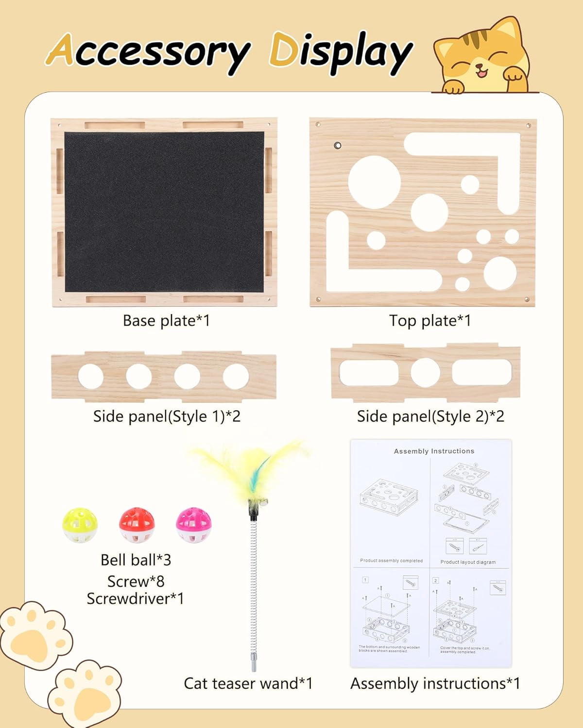 Cat Toys for Indoor Cats - Interactive Box Puzzle Toy Nail File Scratcher Hunting Play Toy with 3 Jingle Balls & 1 Feather Wand, Wooden Puzzle Treat Toy Box Energize Cat Instincts for Bored Cats