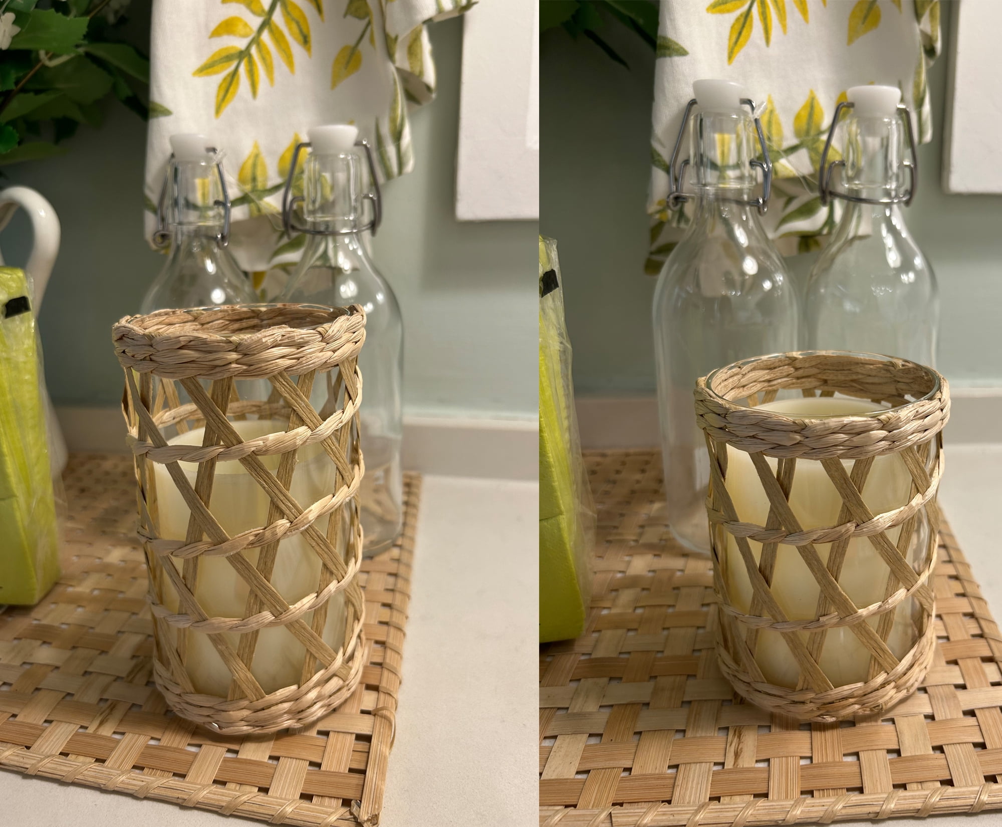 Natural Rattan Woven Tea Light Candle Holders (Set Of 2) | Handmade Seagrass Votive Holders With Glass Cups, 3" Diameter - View #12