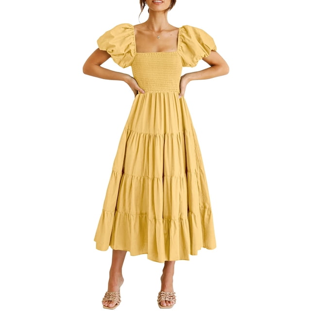 Vestido PRETTYGARDEN Amarillo Midi con Mangas Abullonadas y Escote Cuadrado, Talla S