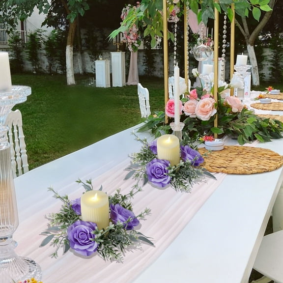 Artificial Rose Candle Wreath, 25cm Floral Ring for Candle Holder, Wedding Table Centerpiece Decor, Valentine's Day Decoration for Dinner Party, Fits 7.5cm Diameter Candles Purple