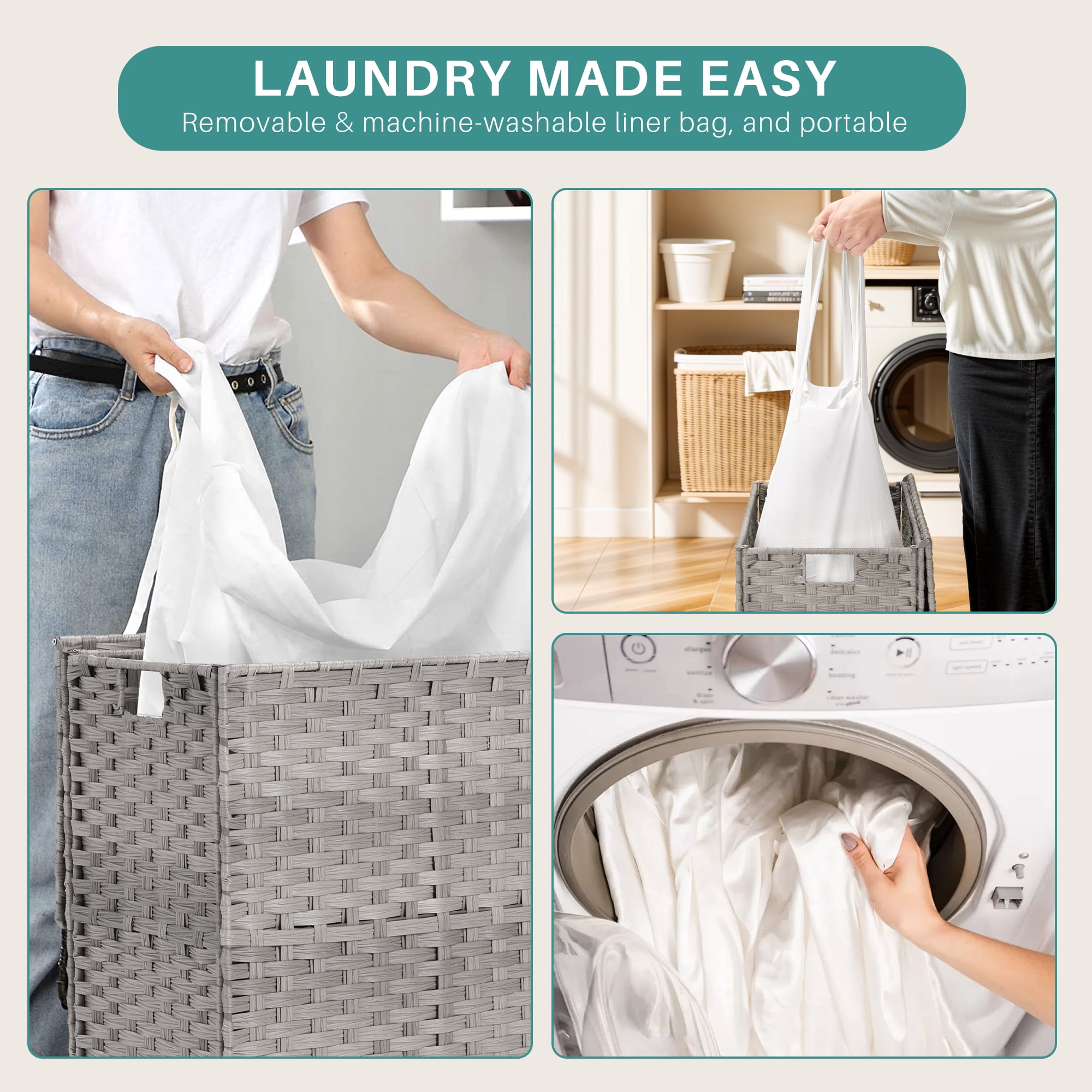 110L Foldable Laundry Hamper with Lid and Removable Liner, Wicker Basket for Bedroom & Bathroom, Gray