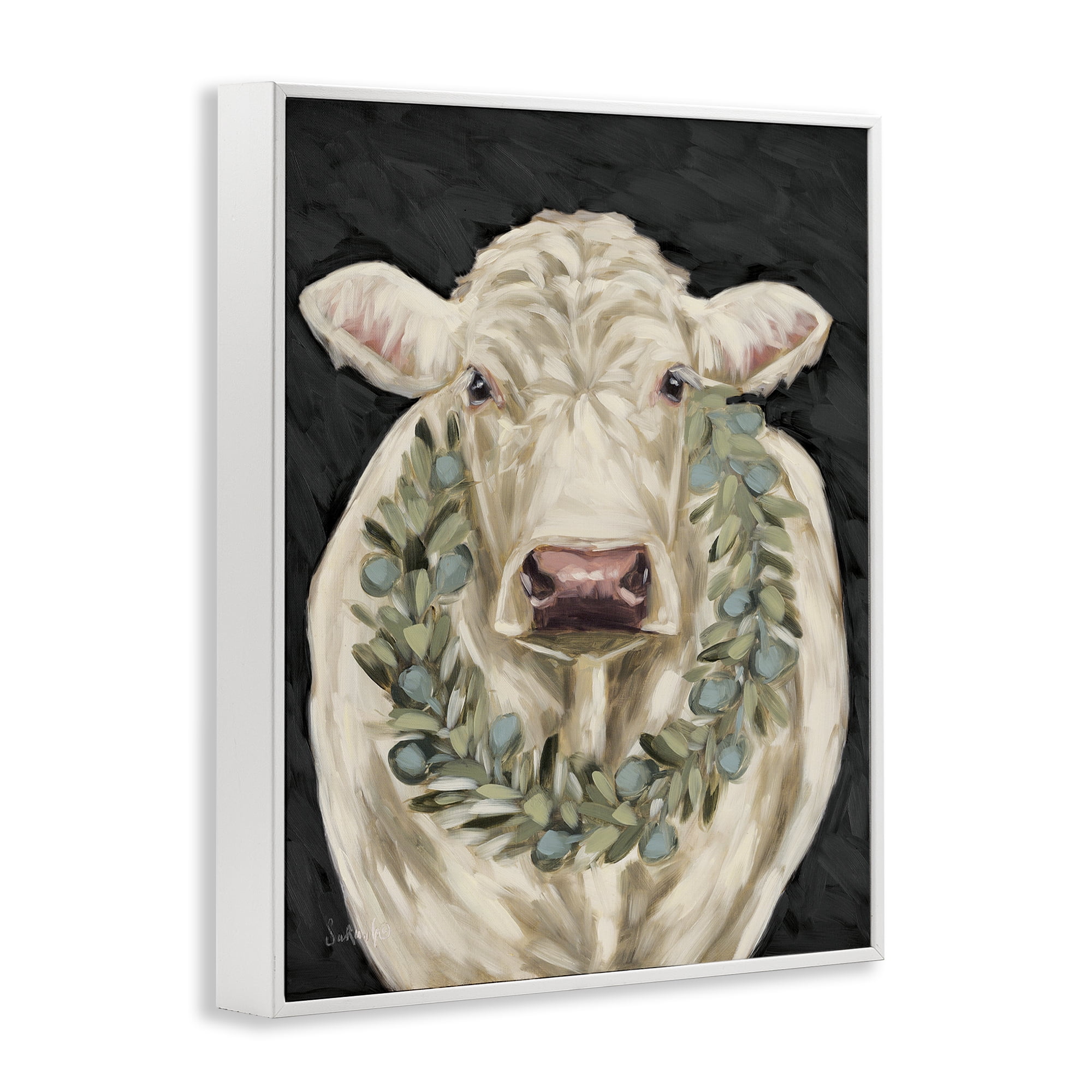 Stupell Industries Cow with Holiday Wreath Holiday Painting White Framed Art Prints Wall Art, 11 x 14