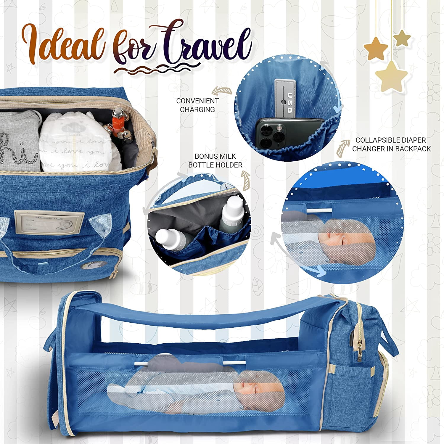 Baby Diaper Bag with Changing Station – Diaper Bag Backpack and USB Port, Insulated Bottle Bag, Mosquito Net, Sunshade – Comfortable and Stylish with Practical Stroller Hooks (Blue)