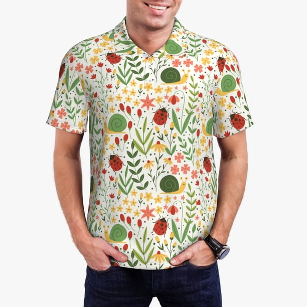 Balery Ladybug And Wild Flowers Camisa Polo de Hombre con Estampado, de Manga Corta y Tejido Medio, Camisa Tipo Golf Polo-4X-Large