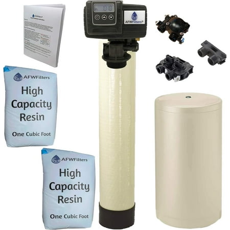

Fleck 64k 1 Inch Whole House Water Softener System 5600sxt Digital Meter Grain-Includes Bypass Valve & brine Tank with Safety Float Almond High Capacity Resin