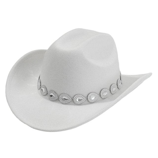 Western Cowboy Hat For Men And Women Style With Metal Drops Gemstone Net Design Chain Perfect For Parties And Fashion Events Cowboy White One Size