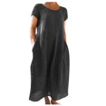 thumbnail image 1 of CHOK Robe en Lin Décontractée à Manches Courtes et Col Rond pour Femmes, Couleur Unie, Coton et Lin, Robe d'Été 2024 avec Poches, Gris, TG, 1 of 4