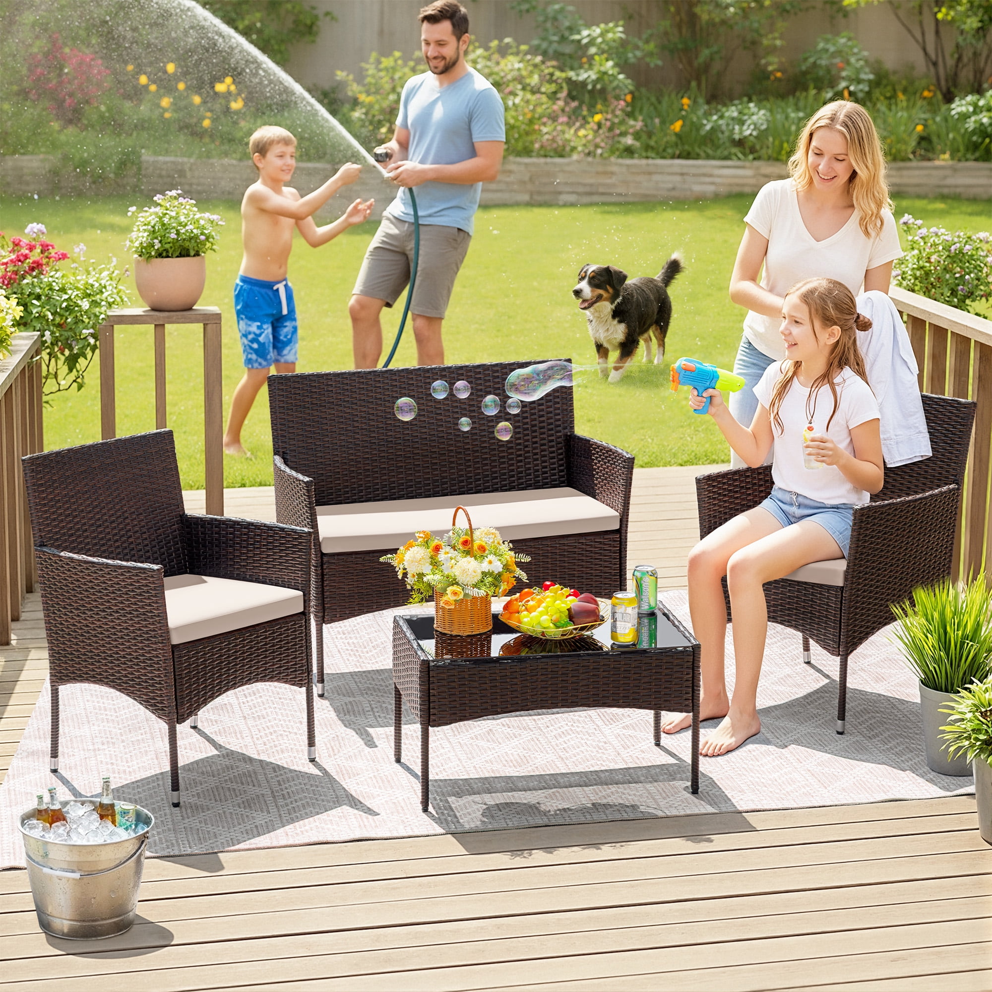 Homall 4 Pieces Outdoor Patio Furniture Brown PE Rattan Wicker Table and Chairs Set Backyard Poolside Garden Porch Sets with Cushioned, Beige Cushion