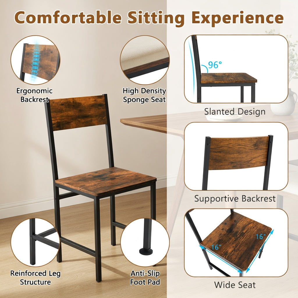 Barara King Dining Chair,Dining Room Chair,Industrial Kitchen Side Chairs Set of 2 with Metal Legs and Slanted Back-Rustic Brown