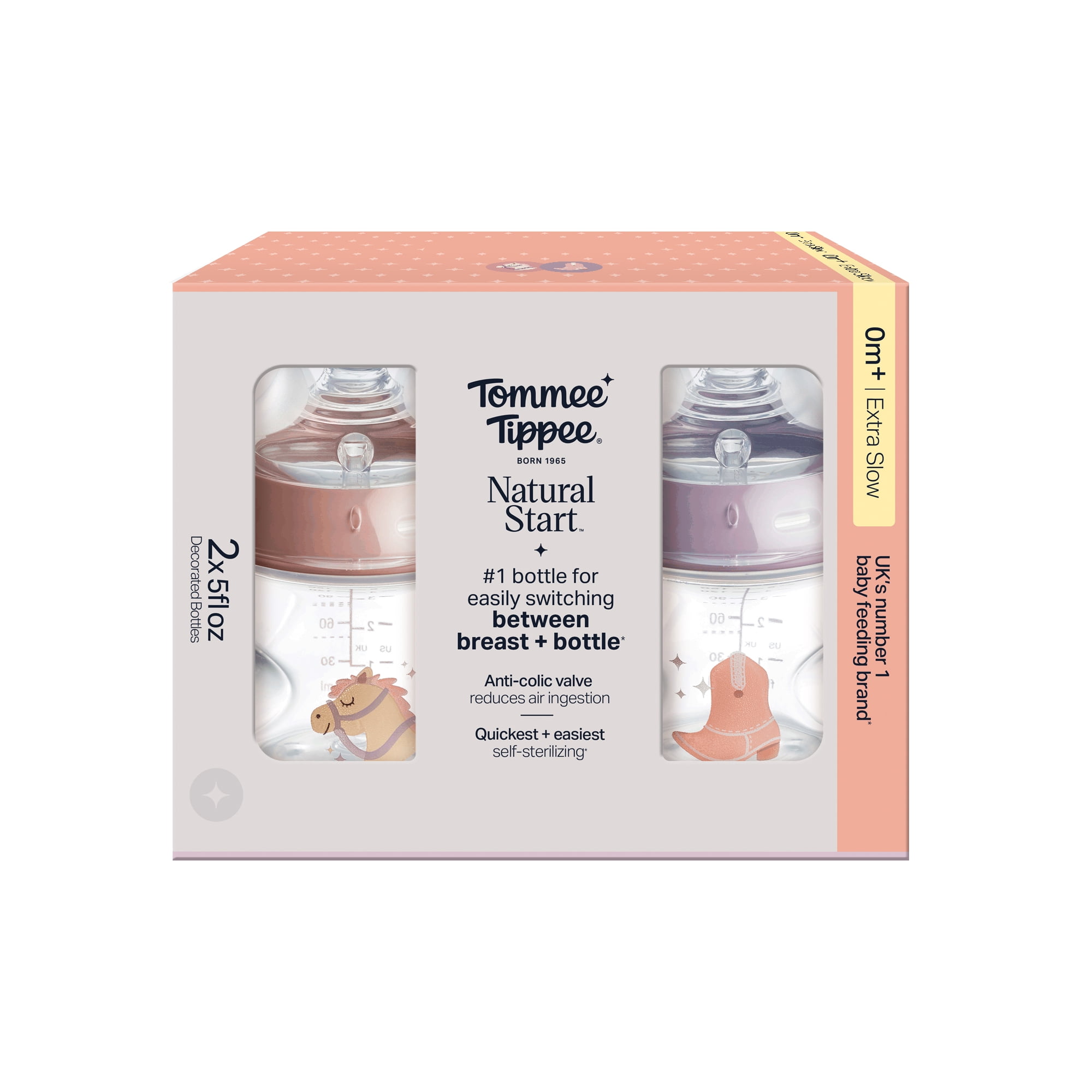 Tommee Tippee Natural Start Baby Bottles for 0m+, Pack of 2, 5oz Baby Bottles, with Slow Flow Breast-Like Nipple for a Natural latch, Self-sterilizing and BPA Free, Decorated