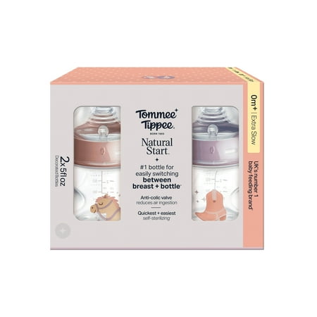 Tommee Tippee Natural Start Baby Bottles for 0m , Pack of 2, 5oz Baby Bottles, with Slow Flow Breast-Like Nipple for a Natural latch, Self-sterilizing and BPA Free, Decorated