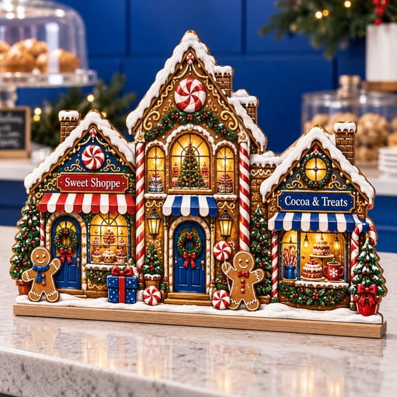 Wooden Block Stand Gingerbread Christmas Village Design for Mantel Decor Holiday