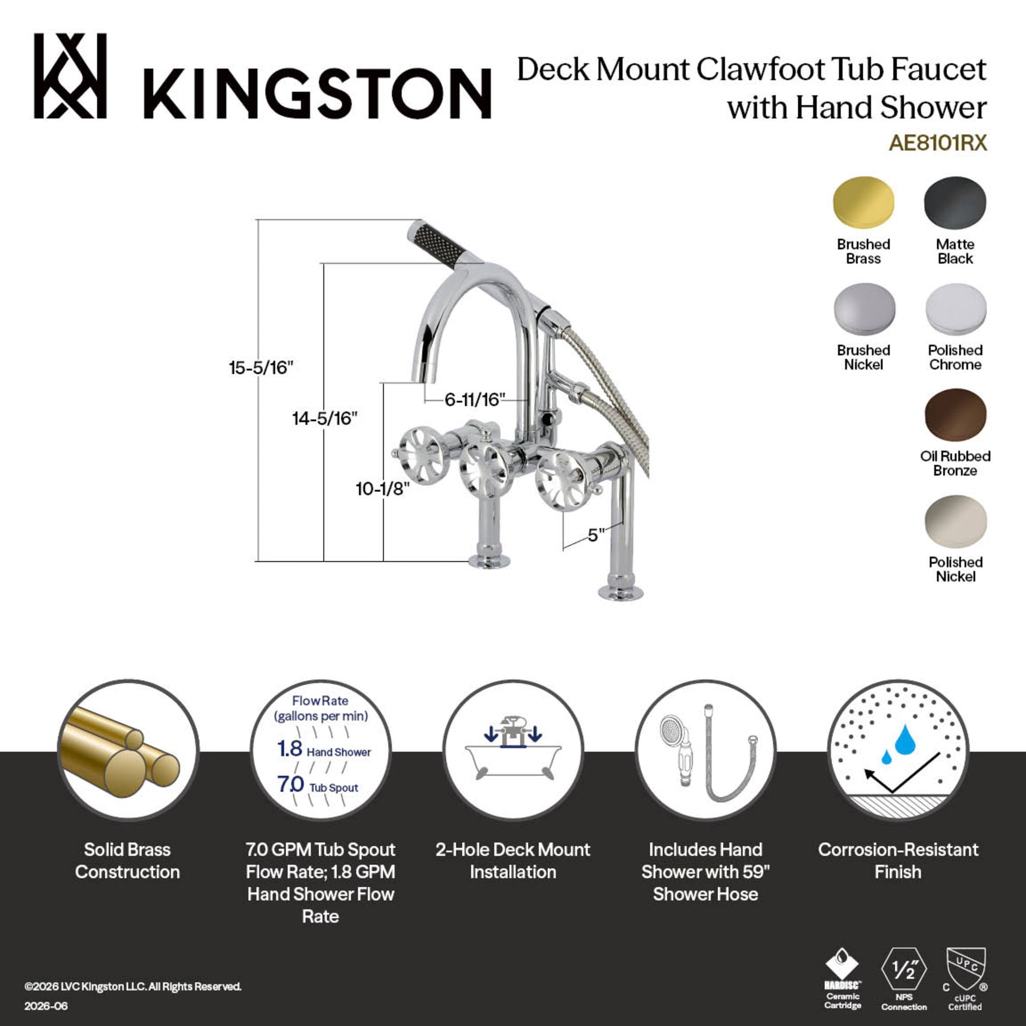 Kingston Brass AE8108RX Belknap Three-Handle 2-Hole Deck-Mount Clawfoot Tub Faucet with Hand Shower in Brushed Nickel
