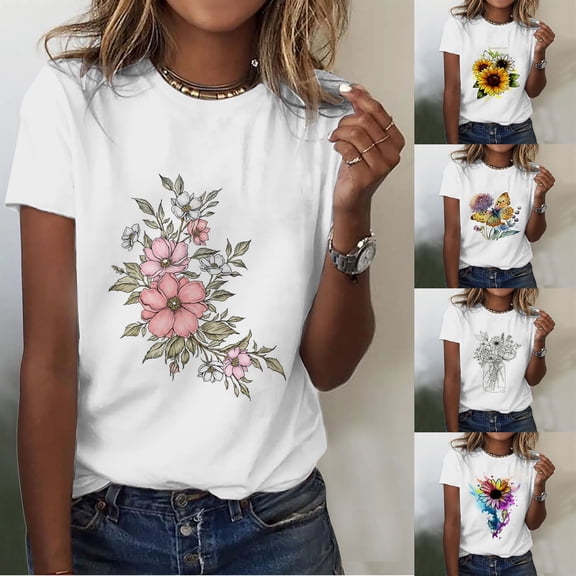 QHWAUAKFBN T Shirts For Women Loose Fit Simple Printing Comfortable Round Neck Short Sleeve Tshirts Top