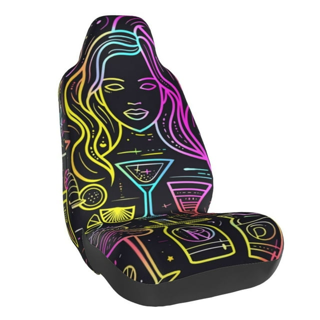 Wukai Neon Bar Drinks Full Set Car Seat Covers with Soft Padding Universal Auto Front Seats Protector and Cushion Mat