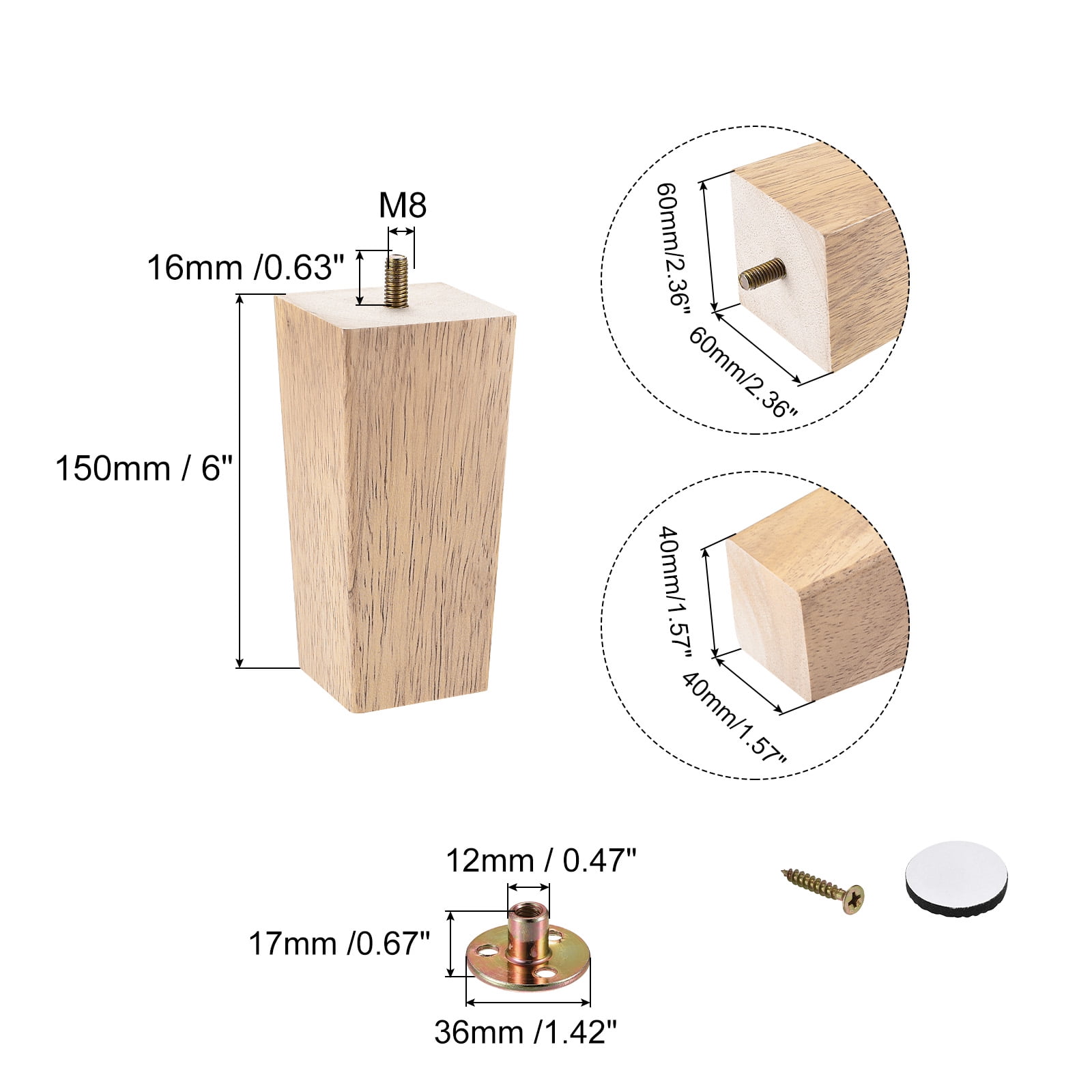 Unique Bargains Wooden Square Tapered Furniture Legs for Sofa and Couch Wood 150mm Height