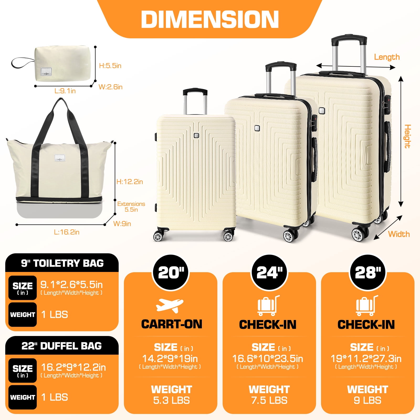 SANOPY 5 Piece Luggage Set(20/24/28) , Hardside Lightweight ABS+PC Suitcase Set with Expandable Duffel Bag + Toiletry Bag, Spinner Wheels and TSA Lock, Beige