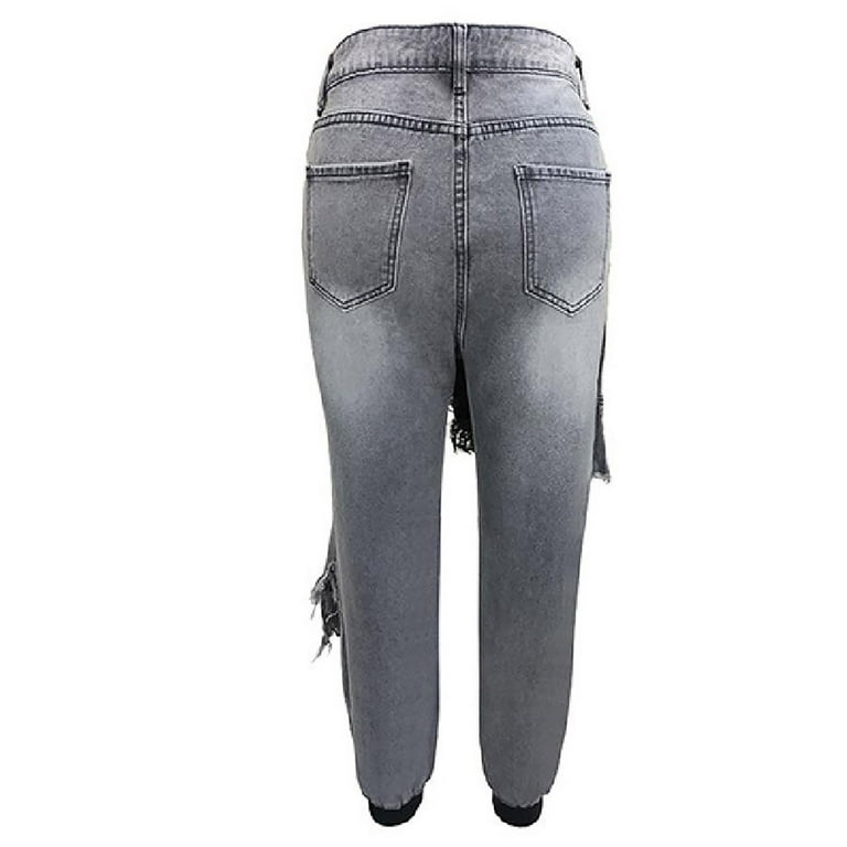 Cethrio Womens Jeans- Fashionable Button High-Waist Wide-Legs Casual Gray  Womens long pants Size L 
