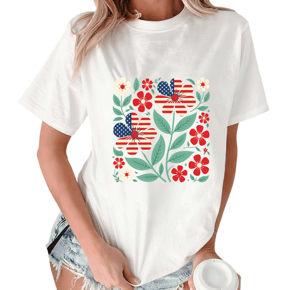 Giffimy Women's USA Flag Floral Patriotic Graphic Short Sleeve T-Shirt White S-5XL Relaxed Fit Cotton Top