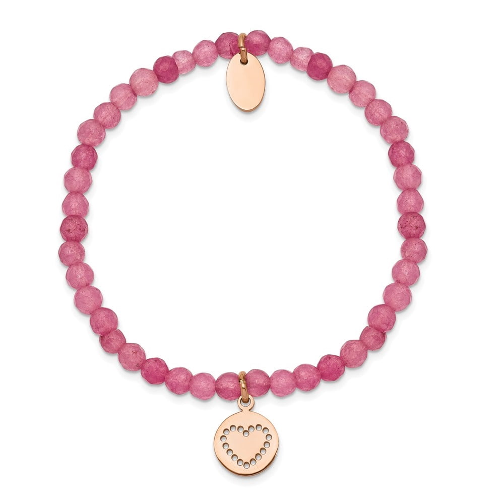 Diamond2Deal Stainless Steel Polished Rose IP-Plated Heart 4mm Pink Jade Beaded Stretch Bracelet for Women 6.5"