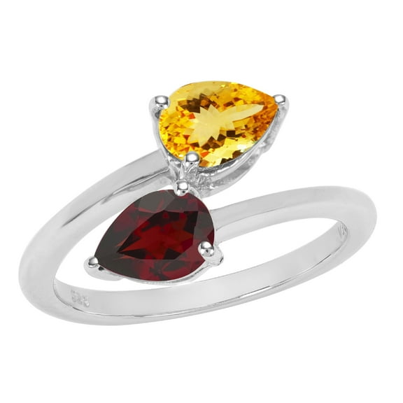 Sterling Silver with Pear Shape Natural Citrine and Garnet Bypass Ring