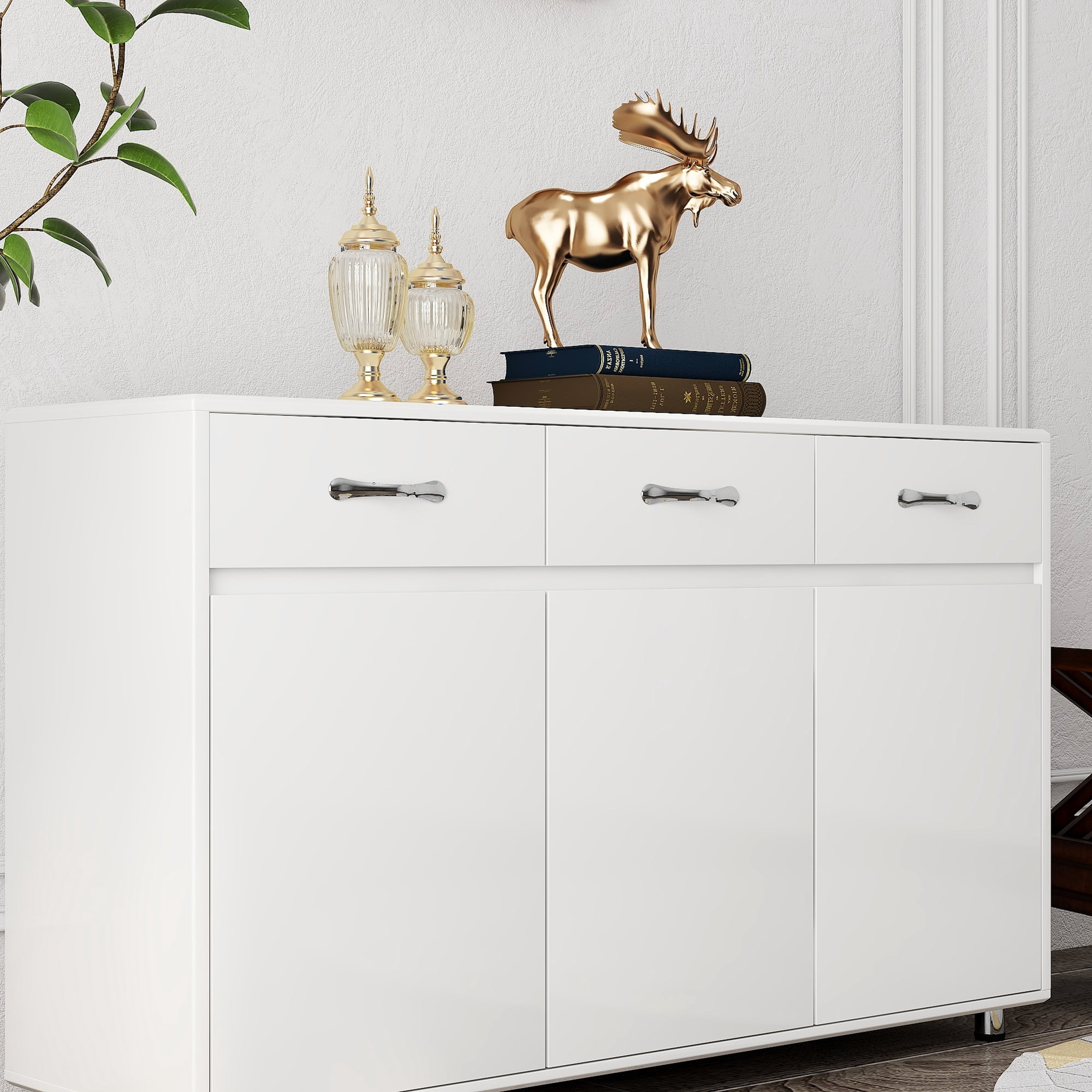 Mintazer Sideboard Buffet Cabinet with 3 Drawers & 3 Doors, Modern Storage Credenza with Adjustable Shelves for Kitchen Dining Room Living Room, White
