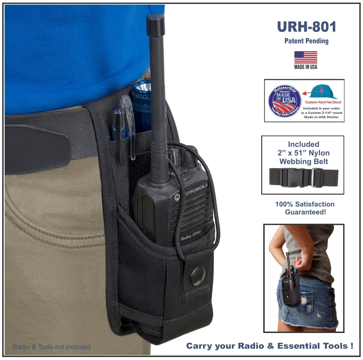URH-801 Radio Belt Holster with Tool Pouch Also Functions as a Shoulder Holster - Adjustable Pouch Fits Radios 4-3/4" to 8-1/2" Tall - Made in USA by Holsterguy