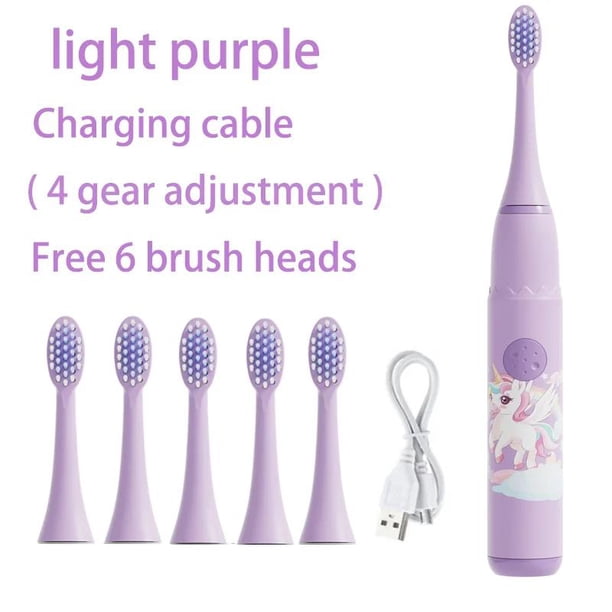 Cepillo de dientes eléctrico para niños, dibujos animados, con cabezal de repuesto, ultrasónico, IPX7, resistente al agua, recargable, sónico