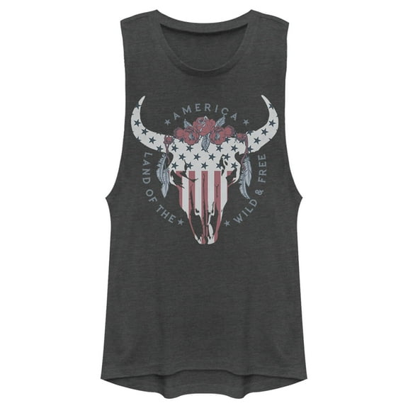 Junior's Lost Gods Fourth of July Wild & Free Skull Festival Muscle Graphic Tee Charcoal X Large