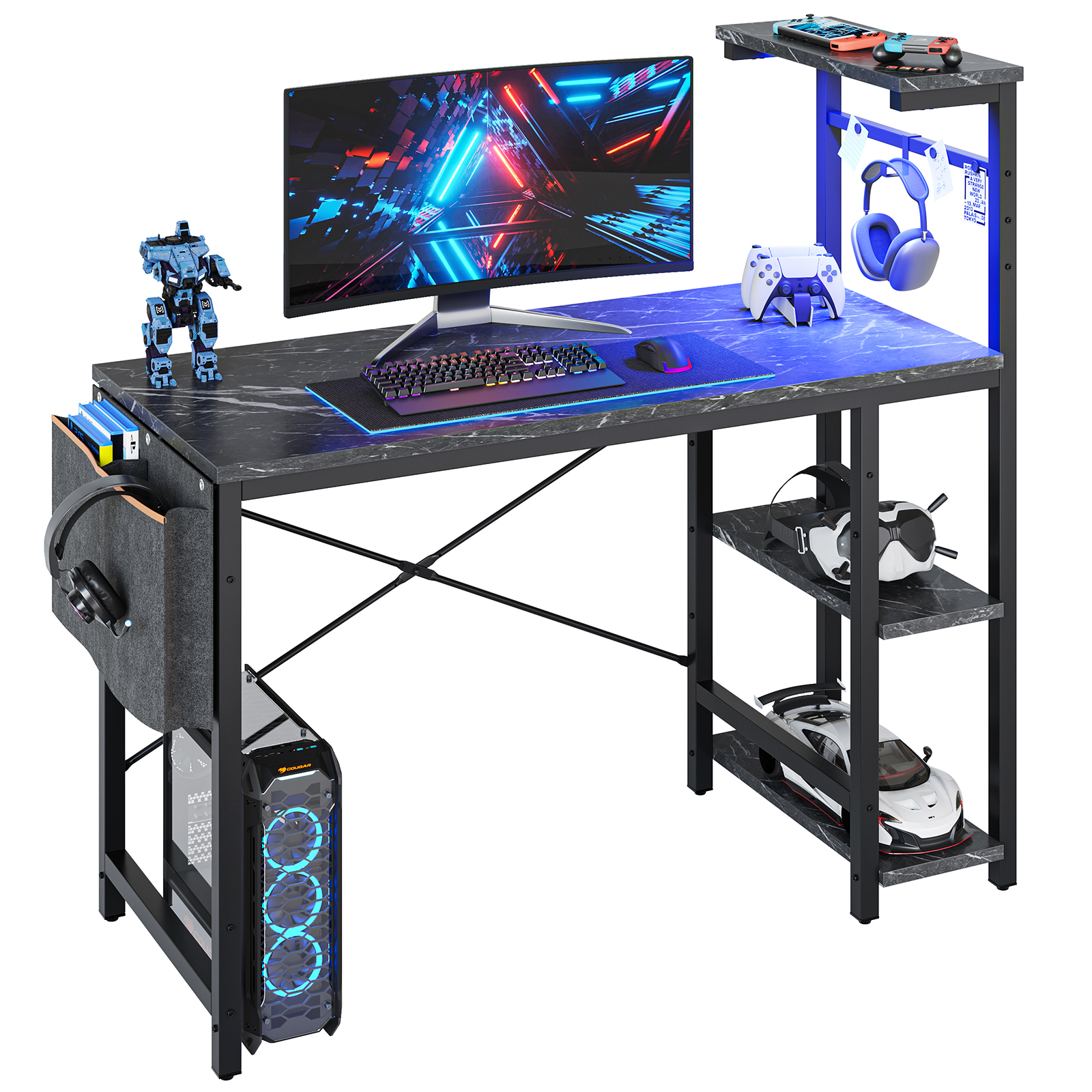 Bestier Reversible 44 inch Computer Desk with LED Lights Gaming Desk with 4 Tier Shelves Black Marble - image 3 of 7