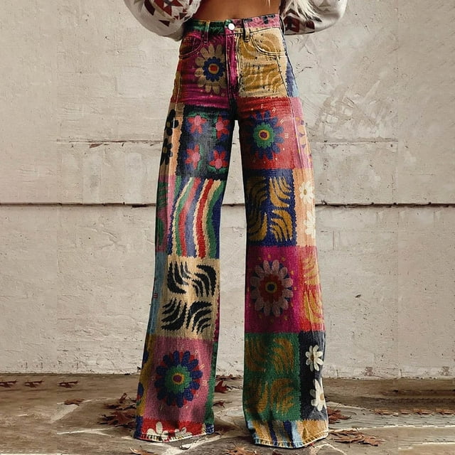 Wide Leg Pants Woman, Vintage Flower