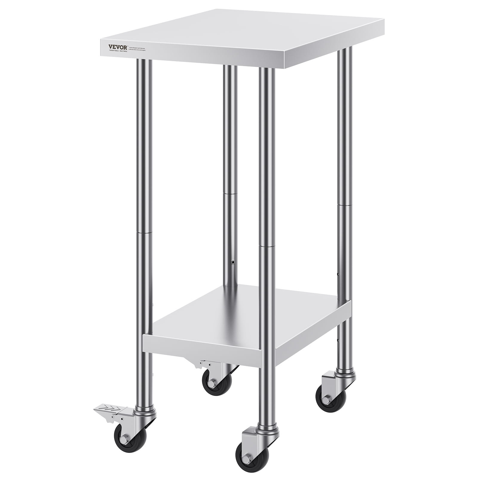 VEVOR Stainless Steel Work Table 24 x 18 x 38 Inch, with 4 Wheels, 3 Adjustable Height Levels, Heavy Duty Food Prep Worktable for Commercial Kitchen Restaurant, Silver