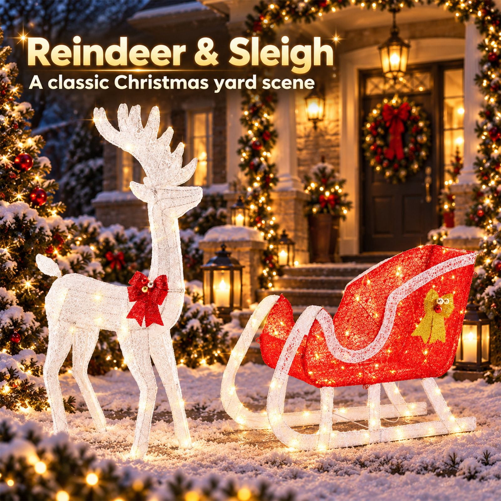 Alvantor Christmas Decoration Lighted Reindeer Sleigh, 180 LEDs, Yard Decor, White, 25.6 x 9.1 x 47.6 In