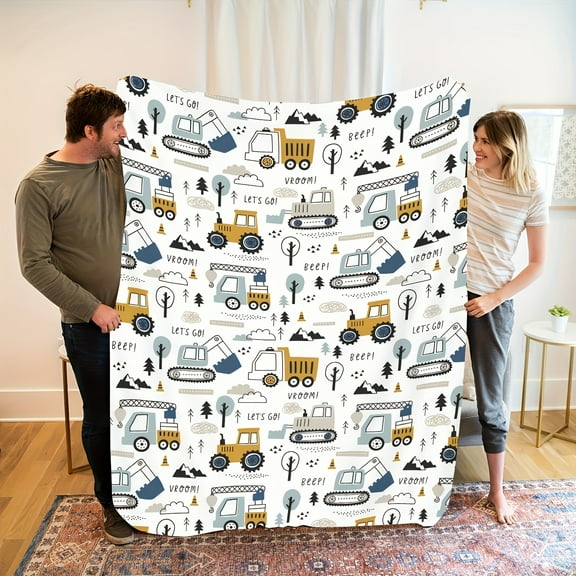 1pc Cozy Construction Vehicle Flannel Blanket – Fun and Artistic Design with Bulldozers, Cranes, Trees & Clouds, Machine Washable, All-Season Comfort for Home or Camping, Cozy Blanket
