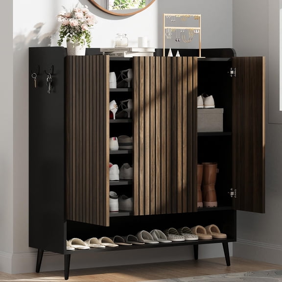 Large 3-Door Shoe Cabinet with Adjustable Shelves – Entryway Shoe Organizer with Doors for Hallway, Living Room & Closet Storage, black dark brown