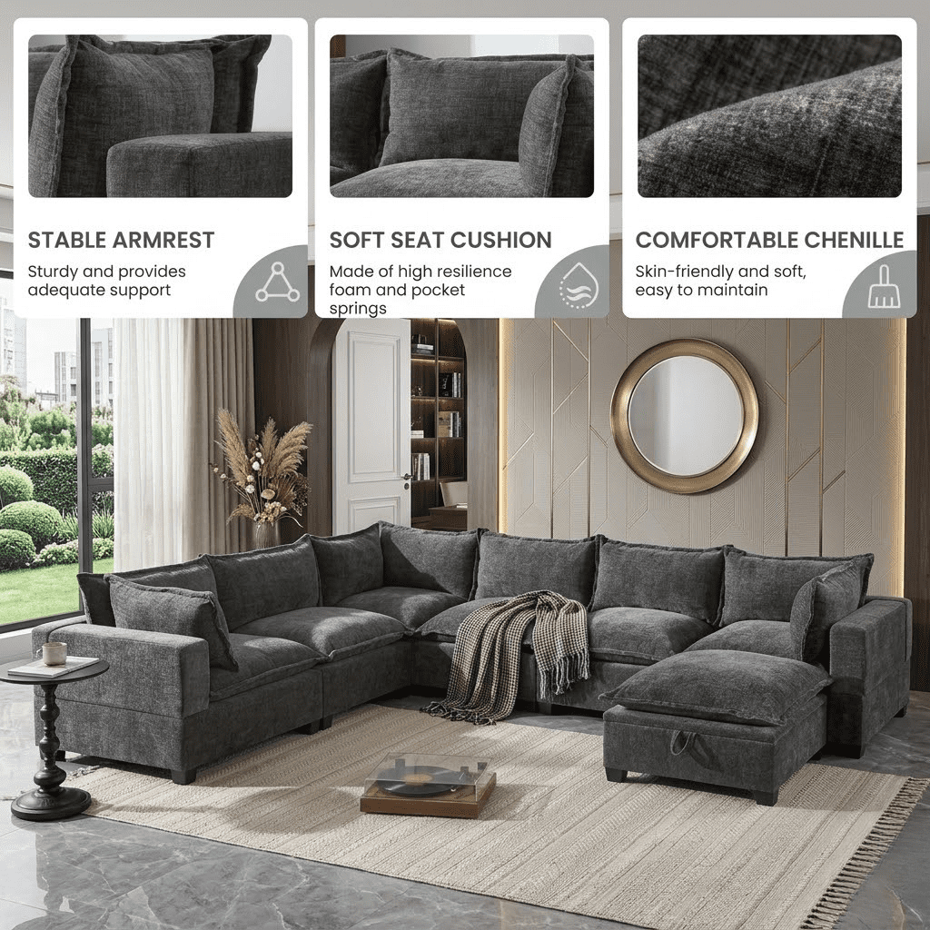 Howcool 118" Modular Sectional Sofa with Corner Seat and Movable Ottoman, Deep Seat Cloud Couch,7-Seat Living Room Set, Greyt,Grey