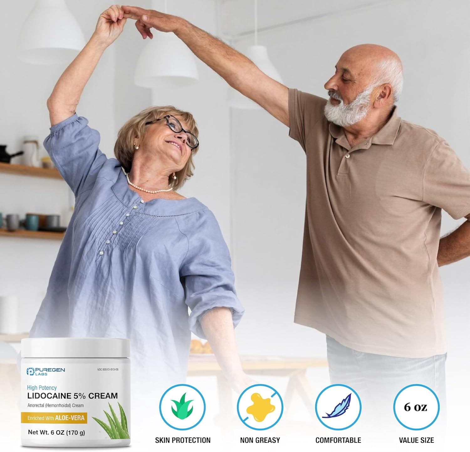 Puregen Labs Pain Relieving Numbing Cream with Lidocaine 5%, 6 oz