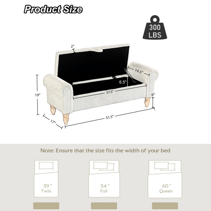 51.5'' Upholstered Corduroy Storage Ottoman Bench with Hinged Lid, Freestanding Bench Bed End Hidden Storage Footrest