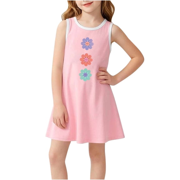 Cethrio Girls' Summer Nightgowns Size 2T-3 T, Printed Loose Sleeveless Mid-length Girls' Sleepwear Pink