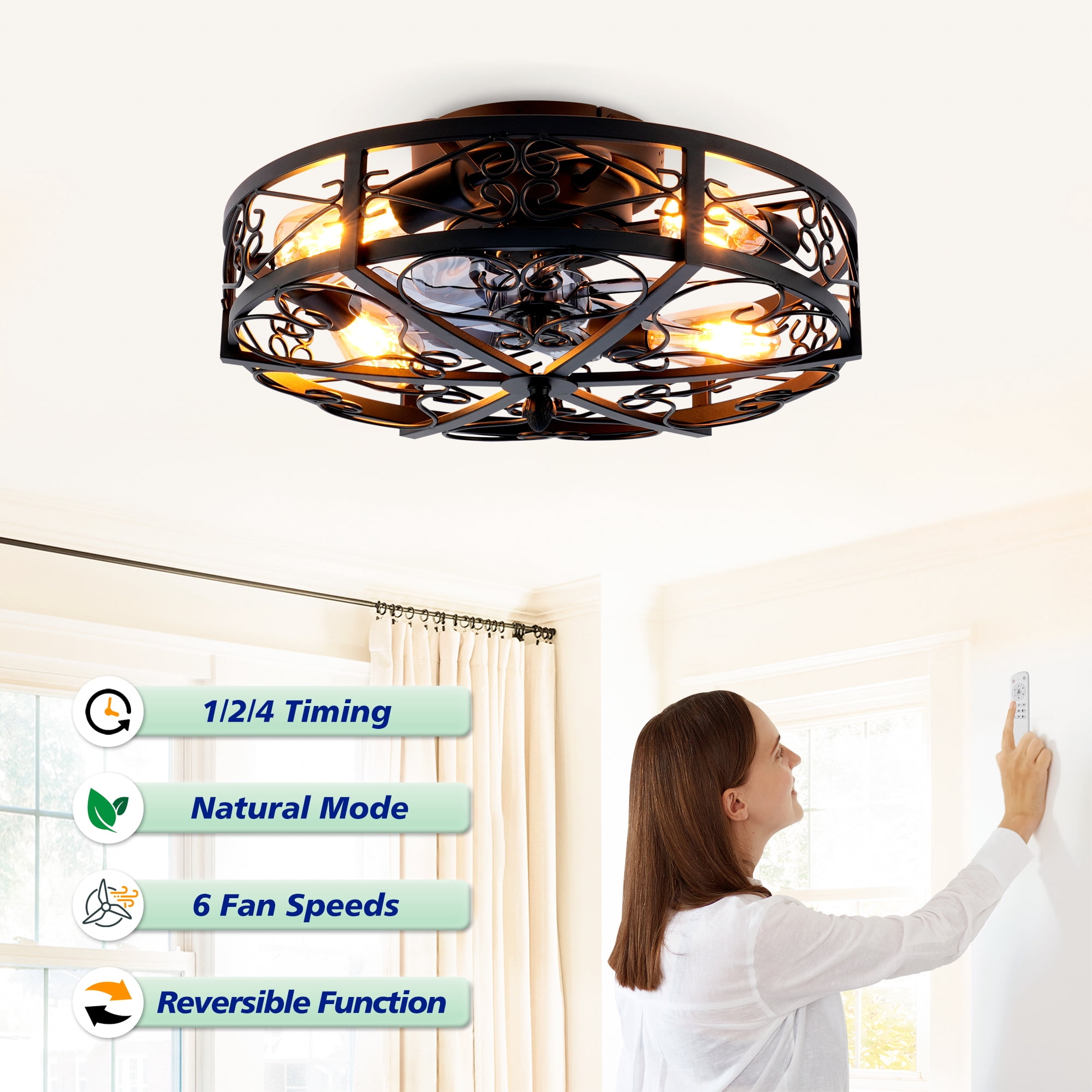 Leumius 20" Black Flush Mount Ceiling Fan with Light, Reversible Motor and DC Remote Control,6 Speed Ceiling Fan,Timing for Living Room Bedroom Dining Room(NOT Included Bulbs)