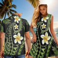 thumbnail image 4 of Garronmavis Matching Beach Outfits for Couples Polynesian Plumeria Polyester Vacation Short Sleeve Shirt for Men Size L and Women's Sleeveless Round Neck Patchwork Dress, 4 of 7