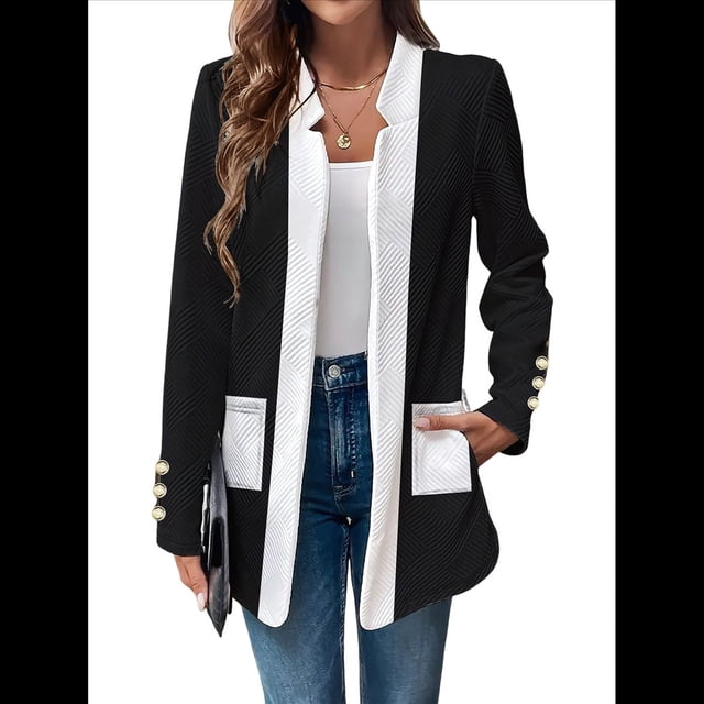 Chaqueta de Larga con Cuello de Muesca, Color y Negro, para Mujer, Básica, Otoño-Invierno. Negro S