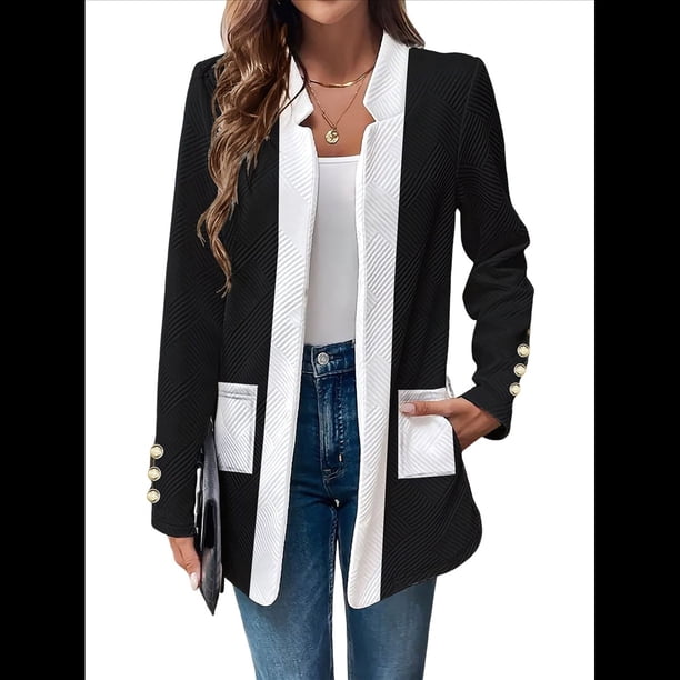 Chaqueta de Larga con Cuello de Muesca, Color y Negro, para Mujer, Básica, Otoño-Invierno. Negro XXL